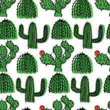 Seamless Vector Floral Summer Tropical Pattern Background Cactuses. Perfect For Wallpapers, Web Page Backgrounds, Surface Textures,textile