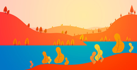 Wall Mural - Autumn panoramic landscape background with trees, hills and river in flat colorful style. Cartoon vector horizontal illustration. Seasonal concept for design banner, card.