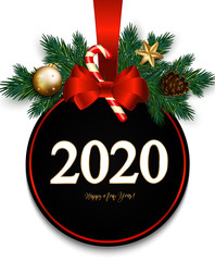 Wall Mural - 2020 New Year with Red Christmas sale sign, fir branches, satin bow, candy cane, golden bubble and star on white background. Vector illustration