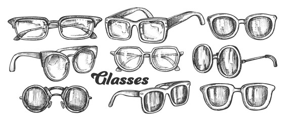 Wall Mural - glasses fashion accessory monochrome set vector. collection in different form glasses. optical and s