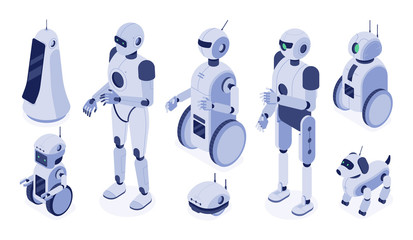 Isometric robots. Digital robotic machines, futuristic android development and 3d robot character. Scientist robot intelligence develop, helpig friend ai. Isolated vector illustration icons set