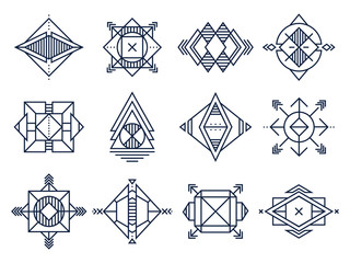 Wall Mural - Geometrical shapes. Abstract triangles art, jewelry geometric shape and line cosmic star. Geometry logotype, hipster tattoo sketch or decoration ornament. Isolated vector illustration signs set