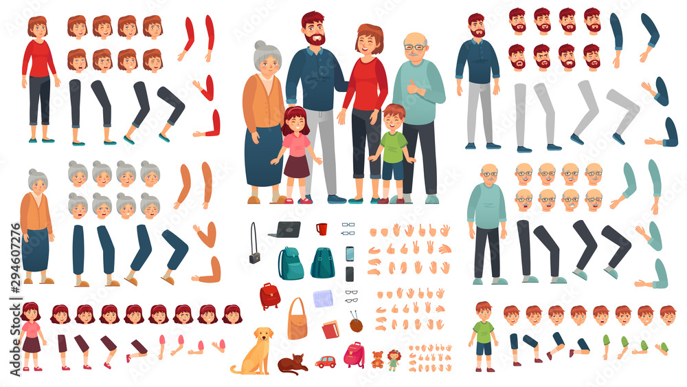 Cartoon family creation kit. Parents, children and grandparents characters constructor. Big family, mascot emotions, body gesture and hairstyle. Isolated vector illustration symbols set - obrazy, fototapety, plakaty 