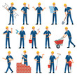 © Tartila - Cartoon worker character. Technician workers, builder and mechanic. Male workers, engineer foreman character or factory working employee and architect. Isolated vector illustration icons set
