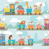 Seamless animals on train pattern. Happy animal in railroad car, trains trip and children. Elephant, tiger and giraffe on locomotive wrapping, wallpapper or fabric cartoon vector illustration
