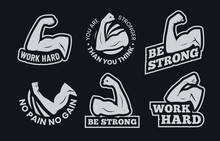 Powerful Biceps Muscle Inspirational Quotes. Be Strong, Work Hard Arm Muscles And Power Gym. Bodybuilding And Fitness Signs, Athletic Exercise Badge Or Motivation Quotes. Isolated Vector Icons Set