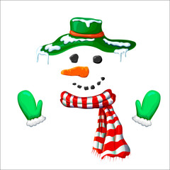 vector cute simple xmas snowman illustration. snowman face with green hat striped holiday scarf and mittens isolated on white. hand drawn smiling frosty character. Christmas winter symbol. photo booth