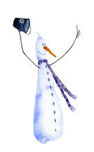 Cute Cartoon Saluting Snowman Hand Drawn In Watercolor Isolated On A White Background. Christmas Watercolor Illustration. Watercolor Snowmen. Picture From Snowmen Collection.
