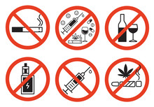 Forbidding Vector Signs. No Smoking, No Drugs, No Vaping And No Alcohol. Isolated Illustration On White Background.