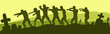 Black graphic hand drawn silhouette walking group of monsters dead zombies. On green cemetery background with tombs and cross. Halloween vector icon.
