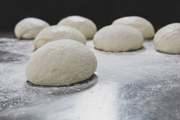 Wall Mural - Ball of pizza dough on table with dusting of flour.