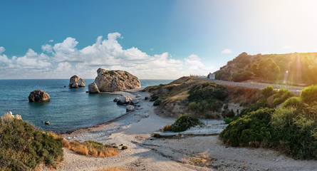 Panoramic shot of the coast of Aphrodite's birthplace near Paphos city, Cyprus. A popular holiday destination. Tourism, vacation, traveling concept.