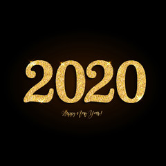 Wall Mural - Happy New Year 2020 Greeting Card with Gold on Black Background. Vector Illustration. Merry Christmas Flyer or Poster