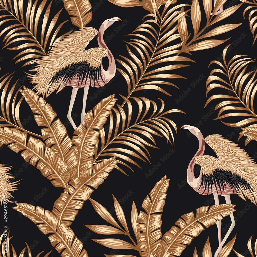 Papel de parede Golden bird flamingo gpld leaves seamless black background