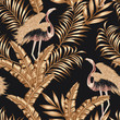 Golden bird flamingo gpld leaves seamless black background