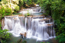 Beautiful Waterfall Huai Mae Khamin At Kanchanaburi Province In West Thailand.