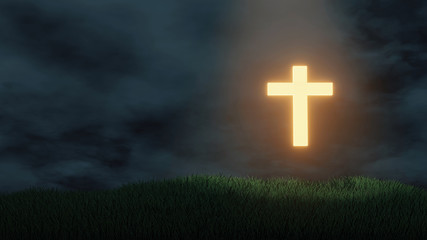 3D Rendering of glowing golden cross on grass hill with dramatic ray lights from sky. Concept of Jesus Christ cross, Easter, resurrection, crucifixion, Ascension day