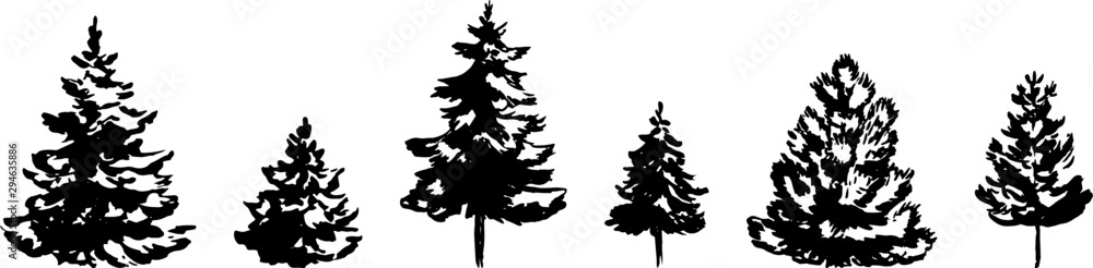 Set of hand drawn Christmas tree isolated on white background. Vector ...