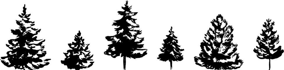 set of hand drawn christmas tree isolated on white background. vector illustration in sketch style. 