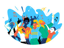 Group Of People Of Different Ages Is Happy To Be Together Celebrating A Special Event. Happy Family Enjoy Concert, Music Festival, Party, Show, Performance, Recital. Vector Illustration