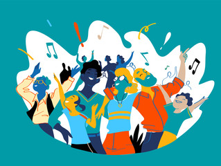 Group of people of different ages is happy to be together celebrating a special event. Happy family enjoy concert, music festival, party, show, performance, recital. Vector illustration