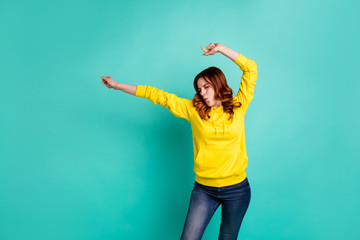 Poster - Photo of curly wavy cheerful charming sweet pretty millennial dancing like no one sees whistling singing with hands up isolated over teal vivid color background