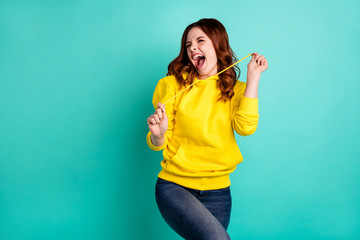 Sticker - Photo of ecstatic overjoyed lucky fortunate girlfriend screaming with having known new information grimacing isolated over turquoise vivid color background