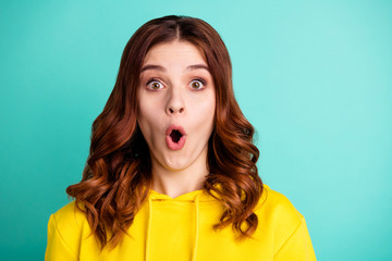 Poster - Close up photo of excited ecstatic speechless youngster unable to believe sales and discounted goods started isolated over teal vivid color background