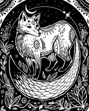 The Fox Stand Between Plants Under The Sky And Moon And Planets. Graphic Illustration. Coloring Book Page.