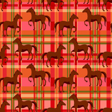 Seamless Pattern With Horse On A Red Plaid Background