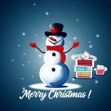 Christmas Card With Snowman And Gifts. Snowman On A Blue Background. Christmas Picture. Vector Snowman With The Words Merry Christmas.