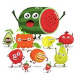 Cartoon funny fruit party with dancing watermelon, pumpkin, pomegranate, lemon, orange, apple, pear avocado, strawberries. isolated illustration on a white background.
