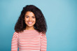 © deagreez - Close-up portrait of her she nice pretty attractive lovely cute cheerful cheery wavy-haired girl wearing striped pullover isolated over blue turquoise pastel color background