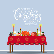 Traditional Festive Christmas Table With Tablecloth, Turkey And Christmas Pudding. Congratulatory Text Of Calligraphy, Manual Lettering For The New Year And Christmas