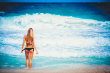 Ravel Vacation Widescreen Wallpaper - Beautiful Young Pretty Blonde Girl In Bikini White Sand On Perfect Sport Sexy Body Relax In Sea Waves Of White Sand Paradise Tropical Beach At Wind Storm Day