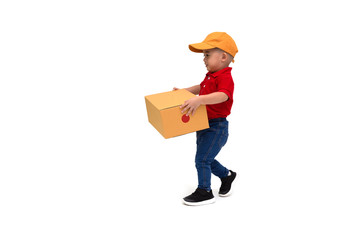 Happy kid Asian boy delivery man in yellow cap and red shirt standing with parcel post box isolated over white background, Two year one month old