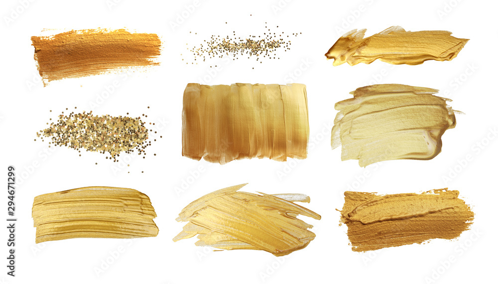 Gold (bronze) glittering color smear brush stroke stain blot on white background. Abstract Paint texture. - obrazy, fototapety, plakaty 