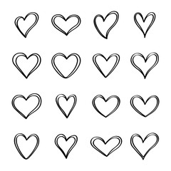 Wall Mural - Tangled grunge round hand drawn heart icons set isolated on white background. For poster, wallpaper and Valentine's day. Collection of hearts, creative art
