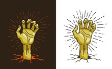 Dead Hand Sticking Out Of The Ground - Cartoon Vector Illustration. A Zombie Hand From Hell.