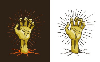 Dead hand sticking out of the ground - cartoon vector illustration. A zombie hand from hell.