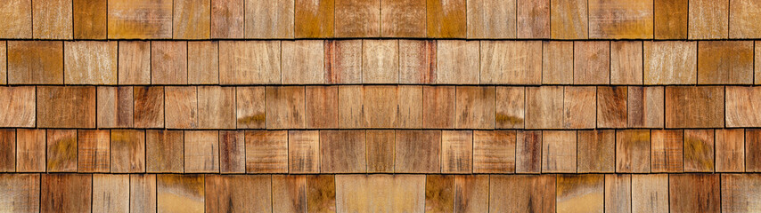 Wall Mural - Old brown rustic light bright wooden shingle wall  texture - wood background panorama banner long pattern