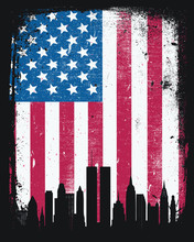 NYC  New York City September 11 9/11 Skyline Twin Towers Silhouette With American Flag Background Grunge Distress Border Background Stars And Stripes 