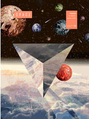 Wall Mural - Space and science fiction. Vector illustration of a space flying triangular object. Geometric UFO, Mars, Earth, stars and planets in cosmos. Spaceship with aliens.