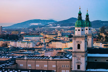Panorama Of Salzburg And Cathedral With Snow From Hohensalzburg Castle