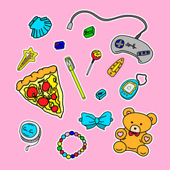 Vector illustration with a color set of things from the 90s. 90`s stickers on color background. 90's style vector isolated objects and graphic elements. Bright design for stickers and printing