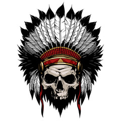 American indian skull with feather hat