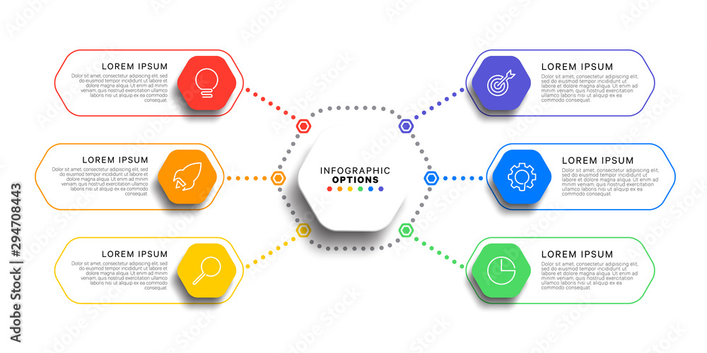 6 steps infographic template with realistic hexagonal elements on white ...