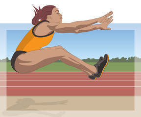 Wall Mural - long jump female athlete, airborne over sand pit against track and sky background