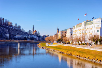 Panorama of Salzburg Old city and Salzach River of Austria