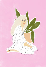 Girl Sitting With Plant	